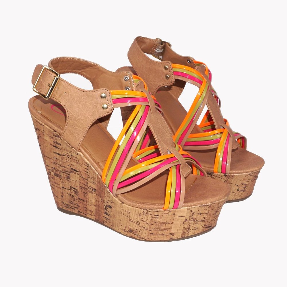 Candie's Havana Multicolor Strappy Platform Cork Wedge Heels NEW